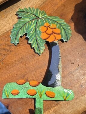Sunny Caribe Tortola Hand Painted Metal Hook For Wall Coconuts + Palm Tree